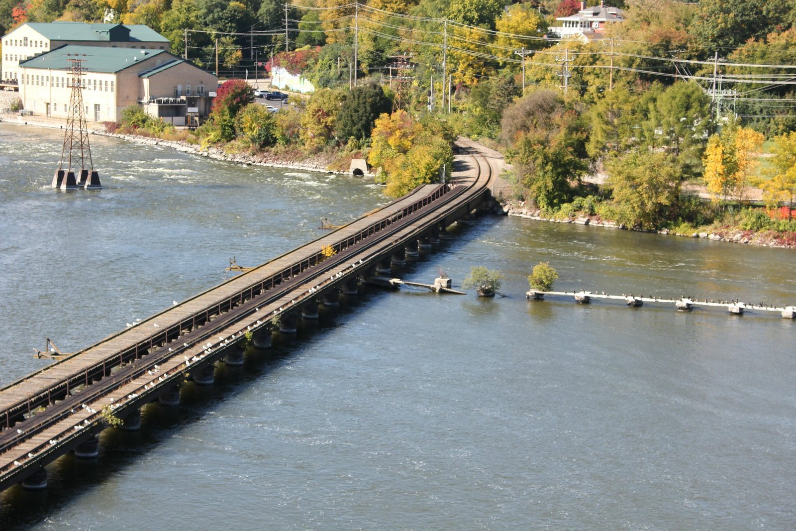 West end from Oneida Street Bridge.  C&NW bridge in front, Milwaukee Road bridge in back